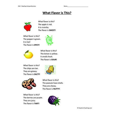 What Flavor Is This Kindergarten Reading Comprehension Worksheet