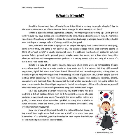 What Is Kimchi Reading Comprehension Worksheet