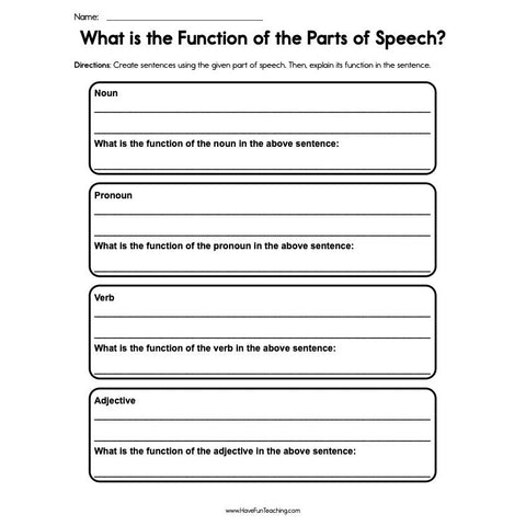 What Is the Function of the Parts of Speech? Worksheet