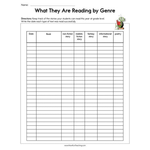 What They Are Reading by Genre Assessment Worksheet