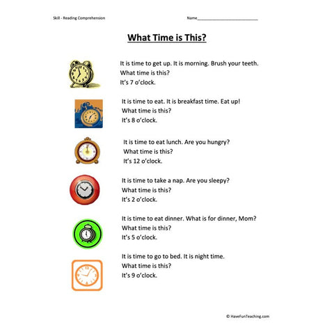 What Time Is This Kindergarten Reading Comprehension Worksheet