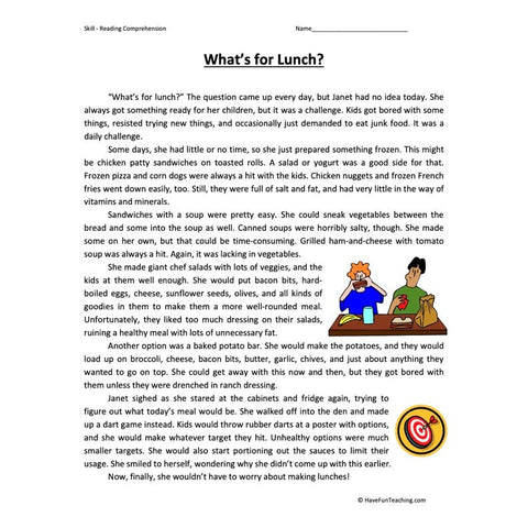 Whats for Lunch Reading Comprehension Worksheet