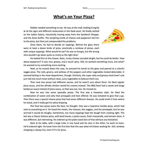 Whats on Your Pizza Reading Comprehension Worksheet
