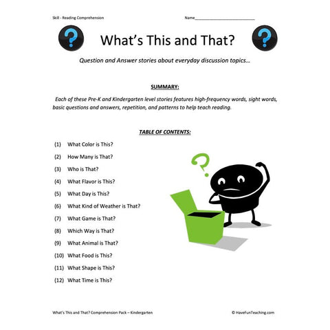 Whats This and That Collection Kindergarten Reading Comprehension Worksheets Worksheet