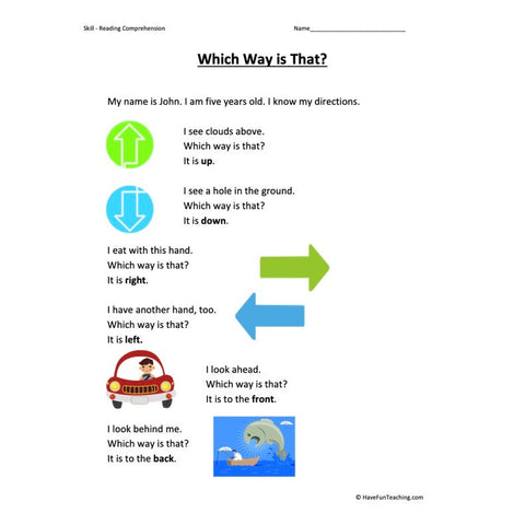 Which Way Is That Kindergarten Reading Comprehension Worksheet