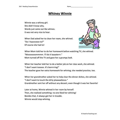 Whiney Winnie Reading Comprehension Worksheet
