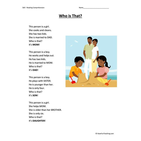 Who Is That Kindergarten Reading Comprehension Worksheet