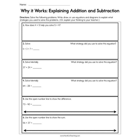 Why It Works Explaining Addition and Subtraction Worksheet