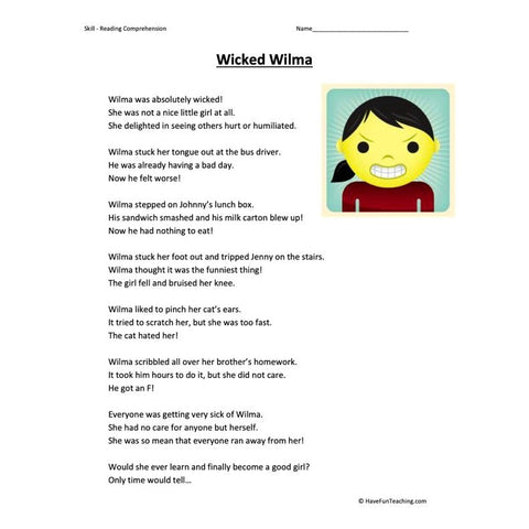 Wicked Wilma Reading Comprehension Worksheet