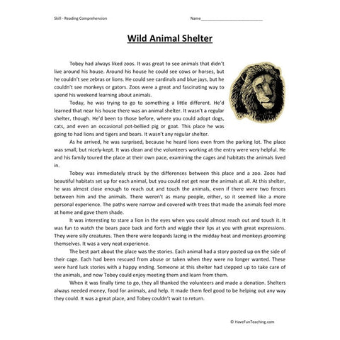 Wild Animal Shelter Reading Comprehension Worksheet