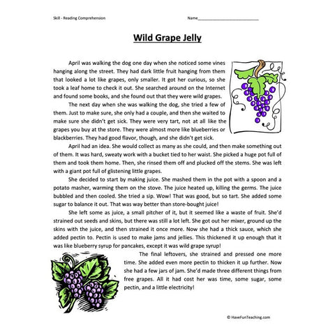 Wild Grape Jelly Reading Comprehension Worksheet