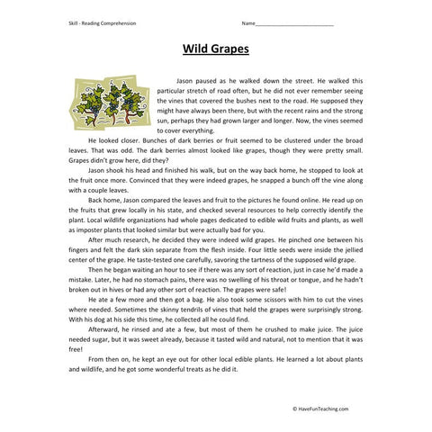 Wild Grapes Reading Comprehension Worksheet