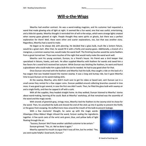 Will O the Wisps Reading Comprehension Worksheet