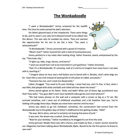 Wonkadoodle Reading Comprehension Worksheet
