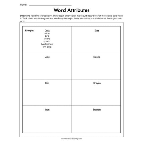 Word Attributes Worksheet