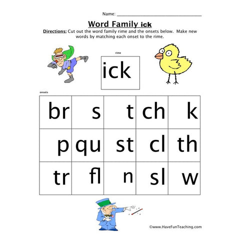 Word Family Ick Worksheet