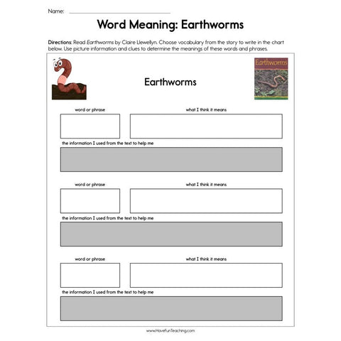 Word Meaning Earthworms Worksheet