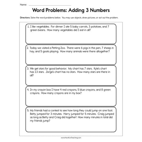 Word Problems Adding 3 Numbers Worksheet