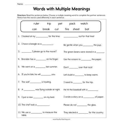 Words with Multiple Meanings Worksheet 2