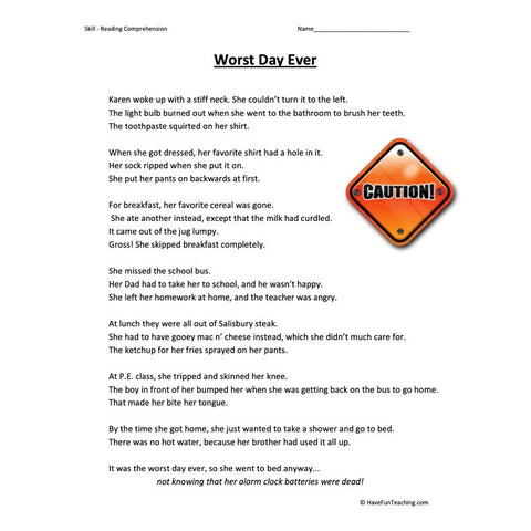 Worst Day Ever Reading Comprehension Worksheet