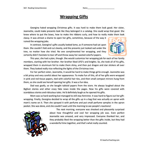 Wrapping Presents Reading Comprehension Worksheet