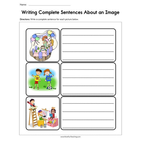 Writing Complete Sentences About AN Image Worksheet
