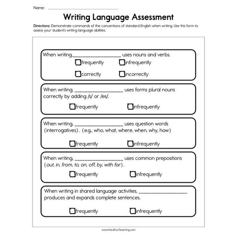 Writing Language Assessment Worksheet