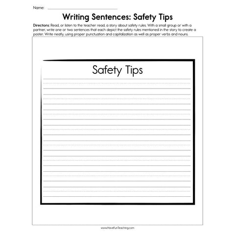 Writing Sentences Safety Tips Worksheet