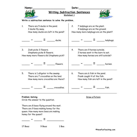Writing Subtraction Sentences Worksheet