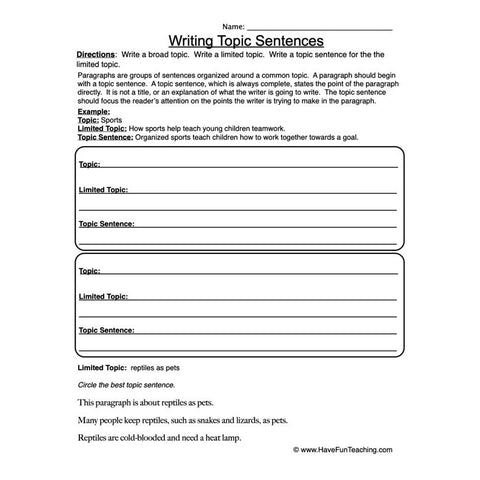 Writing Topic Sentences Worksheet