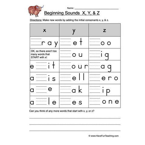 X Y Z Beginning Worksheet 2