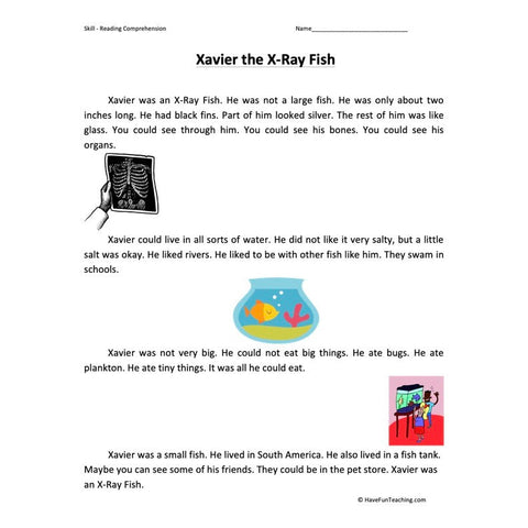 Xavier the Xray Fish Reading Comprehension Worksheet
