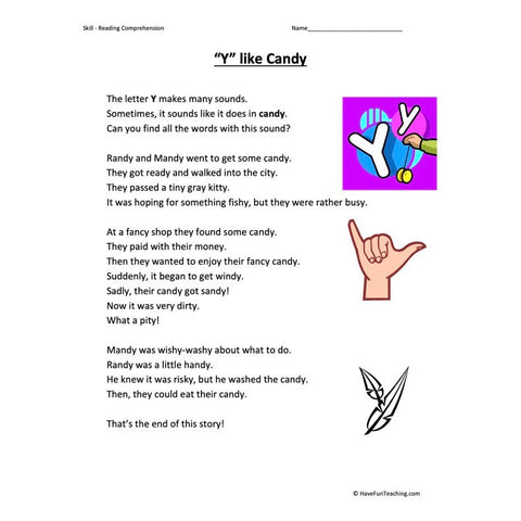 Y Like Candy Reading Comprehension Worksheet