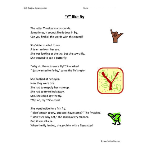 Y Like Fly Reading Comprehension Worksheet