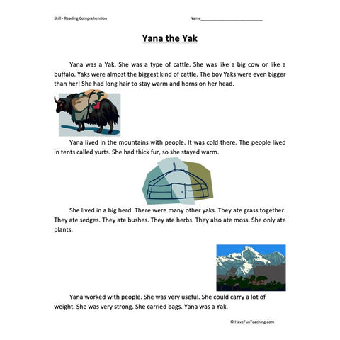 Yana the Yak Reading Comprehension Worksheet