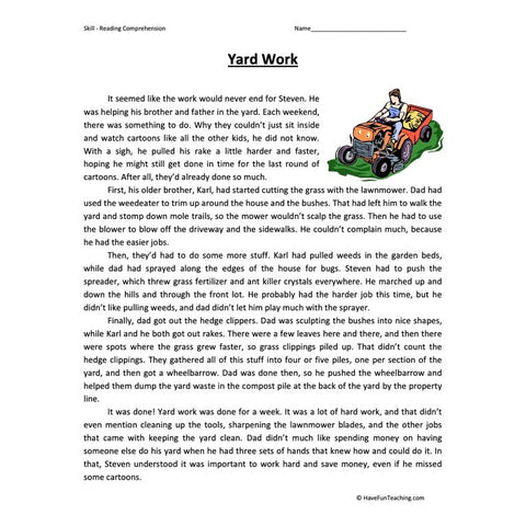 Yard Work Reading Comprehension Worksheet