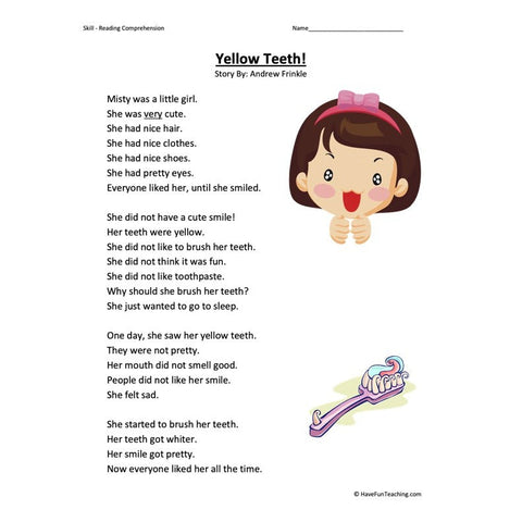 Yellow Teeth Reading Comprehension Worksheet